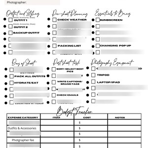 May include: A black and white checklist for content creators planning a photoshoot. The checklist includes sections for outfit and styling, pre-shoot planning, essentials to bring, day of shoot, post-shoot tasks, photography equipment, and a budget tracker.