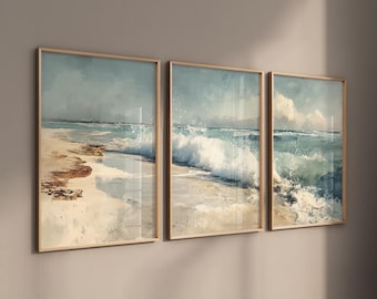 Set of 3 posters: Ocean Waves Watercolor Posters, Coastal Art, Premium Matte Photo Paper, Beach & Sea Wall Decor, Maritime Living Room Pictures
