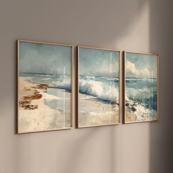 3er Poster Set Meereswellen Aquarell Poster, Naturküsten Kunst, Premium mattes Fotopapier, Strand & Meer Wanddeko, Maritime Wohnzimmerbilder