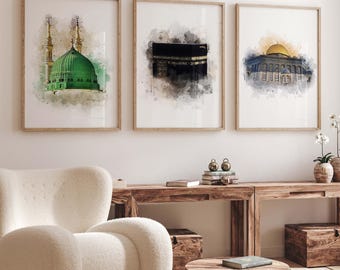 3x Islamic Art Poster Set - Islam Poster - Islamic Wall Art - Kaaba - Masjid Nabawi - Al Aqsa Mosque - Wall Decoration Pictures Living Room