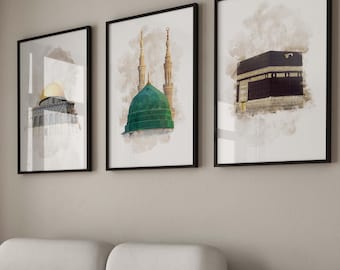 3x Islamic Art Poster Set - Islam Poster - Islamic Wall Art - Kaaba - Masjid Nabawi - Al Aqsa Mosque - Wall Decoration Pictures Living Room