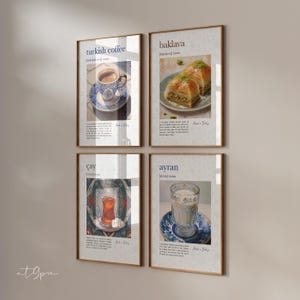Set di 4 poster da cucina - Arte murale da bar con stampa tradizionale turca - Caffè Cay Tea Baklava - Immagini murali islamiche - Decorazione murale Carta premium
