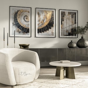 Set di 3 quadri astratti con scale, decorazioni da parete in oro e nero, carta fotografica opaca di alta qualità, design geometrico, set di arte moderna per soggiorno