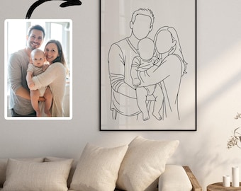 Personalized Family Poster – Line Art Illustration – Custom Portrait with Child – Modern Wall Art – Premium Matte Photo Paper Art Print