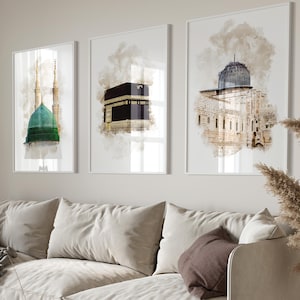 Conjunto de 3 pôsteres de arte islâmica - pôster islâmico - arte de parede islâmica - Caaba - Mesquita Nabawi - Mesquita de Al Aqsa - decoração de parede com fotos para sala de estar
