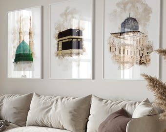 3x Islamic Art Poster Set - Islam Poster - Islamic Murals - Kaaba - Masjid Nabawi - Al Aqsa Mosque - Wall Decoration Pictures Living Room