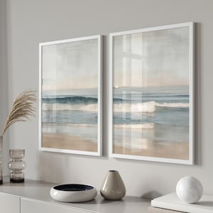 Set di 2 poster con onde, decorazioni murali con motivi costieri sul mare, carta fotografica opaca di alta qualità, immagini minimaliste dell'oceano, sabbia e onde per il soggiorno