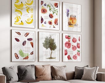 Juego de 6 carteles de arte islámico: Versos del Corán, Higo, Olivo, Granada. Caligrafía islámica para pared. Decoración de pared para cocina. Papel premium.
