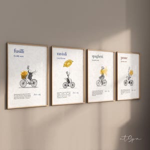 May include: Four framed art prints featuring pasta illustrations. Each print showcases a whimsical character on a bicycle, holding or carrying a different pasta shape: fusilli, ravioli, spaghetti, and penne. The prints have a beige background and are framed in light brown.