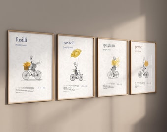 Set of 4 Pasta Posters – Spaghetti, Fusilli, Ravioli, Penne – Kitchen Wall Decor, Food Art Print, Modern Design, Premium Matte Photo Paper - Print