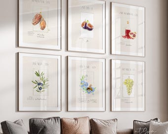 Set of 6 Islamic Art Posters - Quran Verses Fig Grapes Pomegranate - Islamic Wall Art Calligraphy - Kitchen Wall Decor - Premium Photopaper