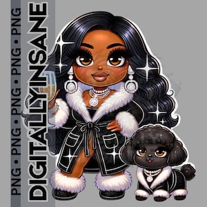 Melanine chibi karakter, chibi vrouw met hond png, zittende chibi pluche patroon, chibi illustraties, logeerpartij clipart, spafeest voor meisjes