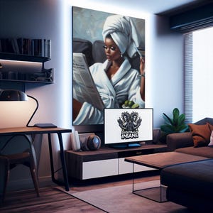 Canvaskunst spa dag, ontspannende vrouw met martini, kunst aan de muur badkamer, cadeau voor vrouwenretraite, gezellig esthetisch interieur, zwarte vrouw kunst, spa kunst