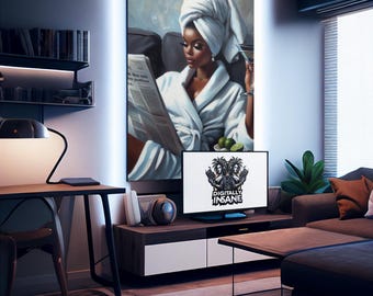 Spa Day Canvas Art: Relaxing Black Woman, Cozy Home Decor (Digital Download)