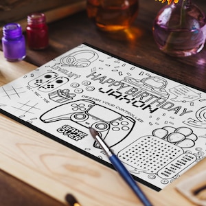 Gaming Birthday Party Activity Sheet, Personalized Video Game Coloring Placemat, Video Game Party Favor Template, Printable Gaming Games