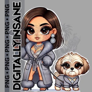 Chicana chibi vrouw met hond png, zittend chibi pluche patroon, chibi-personage, chibi-illustraties, logeerclipart, spafeest voor meisjes,