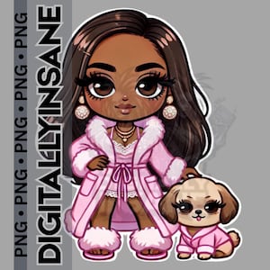 chibi-personage, chibi vrouw met hond png, zittende chibi pluche patroon, chibi-illustraties, logeerpartijtje clipart, spafeest voor meisjes, mooi feest