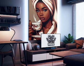 Spa Day Canvas Art: Relaxing Black Woman with Coffee (Digital Download)