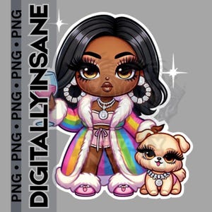 Melanine chibi karakter, chibi vrouw met hond png, zittende chibi pluche patroon, chibi illustraties, logeerpartij clipart, spafeest voor meisjes