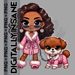 Melanine chibi karakter, chibi vrouw met hond png, zittende chibi pluche patroon, chibi illustraties, logeerpartij clipart, spafeest voor meisjes