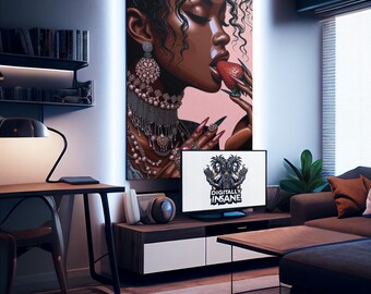 Strawberry Lips Black Woman Art Print: Bold Afro-Aesthetic (Digital Download