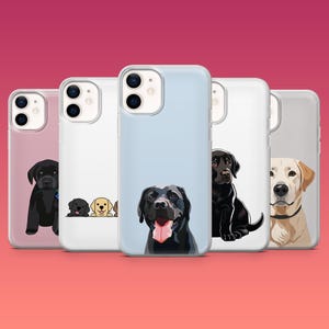 May include: Four different phone cases featuring images of Labrador Retrievers. The cases are clear and display the phone's camera lens. The dogs are black, brown, and yellow.