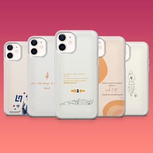 May include: Four different phone cases with various designs. One case features a racing car, another has a quote about enjoying life, another has a quote about talent, and the last one has a cartoon figure with the number 4 on their shirt.