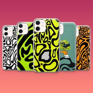May include: A collection of five phone cases with various designs. The cases feature patterns in black and white, neon green and black, yellow and black with a number 4, a cartoon helmet design, and orange and black swirls. The cases are displayed against a pink background.