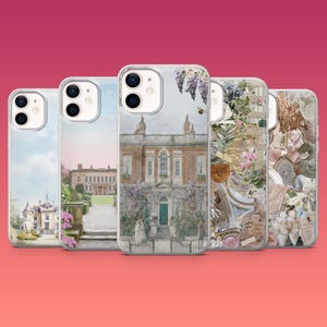 Peut inclure: Cinq coques de téléphone avec des motifs variés. Les coques présentent des images de demeures, de jardins et de compositions florales. Les coques sont transparentes, permettant de voir le motif. Le fond est un dégradé de rose et de rouge.