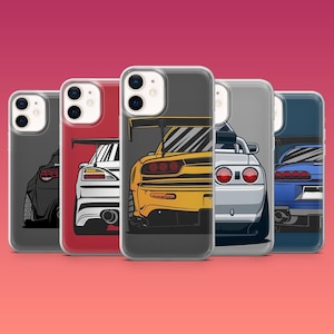 Könnte beinhalten: Vier verschiedene Handyhüllen mit einer Rückansicht eines Autodesigns. Die Hüllen sind transparent und zeigen ein schwarzes, weißes, gelbes und blaues Auto.