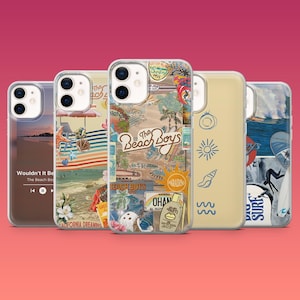 May include: Five phone cases with beach-themed designs. One case features a sunset and the text "Wouldn't It Be". Another has a beach scene with text "California Dreaming". The center case has "The Beach Boys" text. Other cases have sun, surf, and ocean graphics.