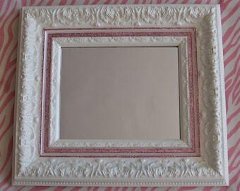 Glossy Off White Decorative Mirror with Pink Glitter