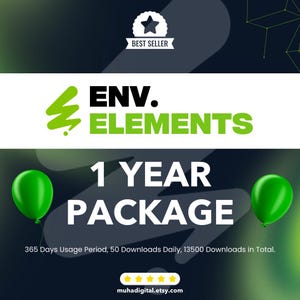 Pode incluir: Anúncio de elementos digitais com o texto "ENV. ELEMENTS" em verde e "1 YEAR PACKAGE" em branco. Inclui gráficos de balões verdes e um distintivo "BEST SELLER". O texto também menciona 365 dias de uso, 50 downloads diários e 13500 downloads no total.