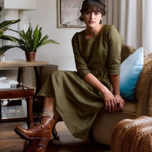 Olive Green Linen Dress | 3/4 Sleeve Midi Dress for Women | Handmade Linen Clothing | Rustic Cottagecore Dress | Custom Linen Dress