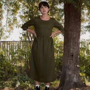 Olive Green Linen Dress | 3/4 Sleeve Midi Dress for Women | Handmade Linen Clothing | Rustic Cottagecore Dress | Custom Linen Dress