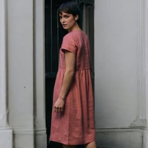V-Neck Linen Dress Women | Rust Midi Linen Dress | Handmade Summer Dress | Short Sleeve Gathered Linen Dress | Casual Linen Clothing