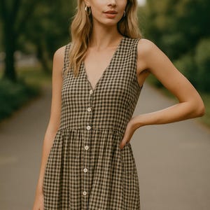 Gingham Button Front Midi Dress – Sleeveless Summer Dress for Women – Vintage Cottagecore Outfit
