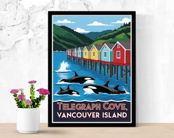 Telegraph Cove Poster | Whale Watching Canada Travel Art | Rustic Coastal Wall Print | Digital Download
