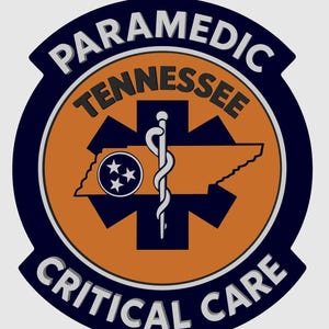 May include: A circular patch featuring a dark blue border with the text PARAMEDIC and CRITICAL CARE in white. The center is orange with a black Star of Life symbol, a white Rod of Asclepius, and an orange outline of Tennessee with a blue circle and three stars.