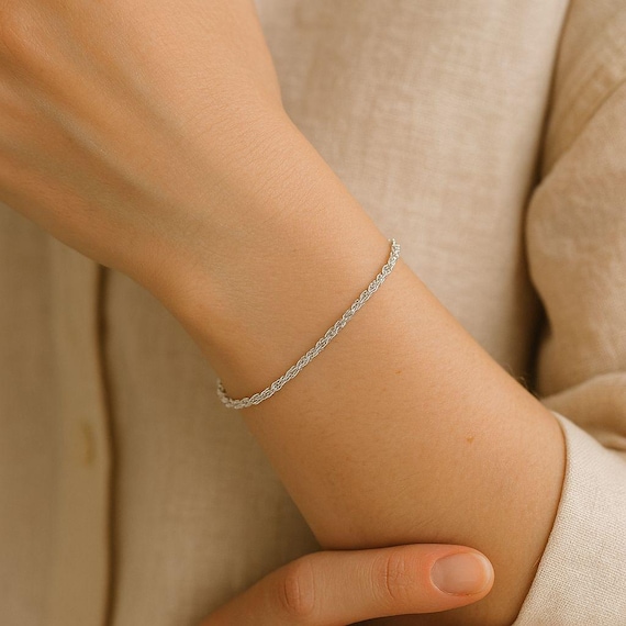925 Sterling Silver Adjustable Rope Chain Bracelet for Women