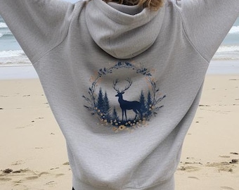 Sudadera con estampado de ciervo en la espalda, sudadera con capucha de naturaleza, sudadera con capucha de alce, sudadera con capucha para amantes de los animales, regalo para los amantes de los ciervos
