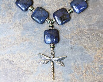 Dragonfly Necklace, Blue Necklace, Sodalite Necklace, Natural Stone Necklace, Blue and Green Necklace, Bohemian Necklace, Boho Necklace