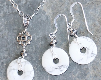 Howlite Jewelry Set, Sterling Silver Jewelry Set, White Jewelry Set, Wire Wrapped Jewelry Set, Natural Stone Jewelry Set, For Her