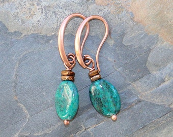 Boucles d'oreilles Blue Agate, Boucles d'oreilles en cuivre, Boucles d'oreilles bleu Turquoise, Boucles d'oreilles en pierre naturelle, Boucles d'oreilles Boho, Boucles d'oreilles faites à la main, pour elle