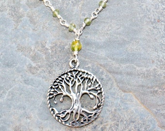 Tree of Life Necklace, Sterling Silver Necklace, Peridot Necklace, Natural Stone Necklace, Green Gemstone Necklace, Light Green Necklace