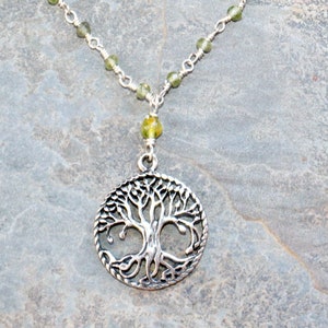 Tree of Life Necklace, Sterling Silver Necklace, Peridot Necklace, Natural Stone Necklace, Green Gemstone Necklace, Light Green Necklace