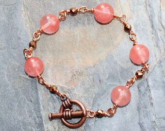 Strawberry Quartz Bracelet, Natural Stone Bracelet, Pink Bracelet, Handmade Bracelet, Copper Bracelet, Bohemian Bracelet, Spring Bracelet