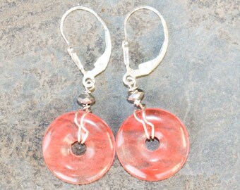 Strawberry Quartz Earrings, Sterling Silver Earrings, Pink Earrings, Wire Wrapped Earrings, Dangly Earrings, Donut Earrings, Pink Stone