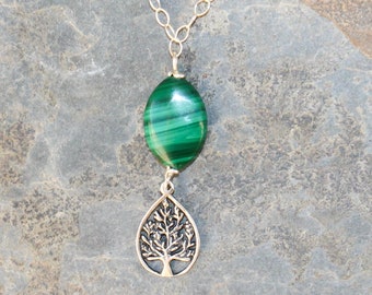 Tree of Life Necklace, Malachite Necklace, Sterling Silver Necklace, Boho Necklace, Green Necklace, Tree Necklace, Sterling Silver Necklace