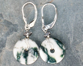 Tree Agate Earrings, White and Green Earrings, Wire Wrapped Earrings, Natural Stone Earrings, Sterling Earrings, Spring Earrings, For Her